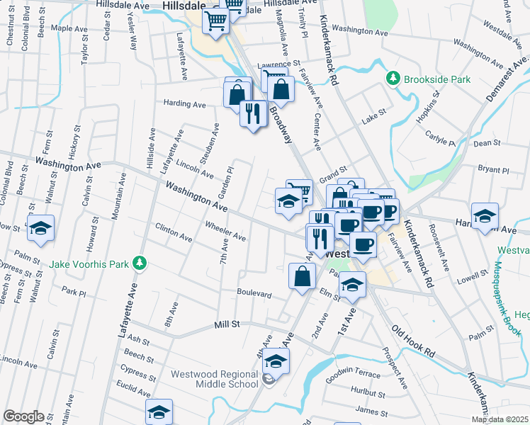 map of restaurants, bars, coffee shops, grocery stores, and more near 5 Princeton Place in Westwood