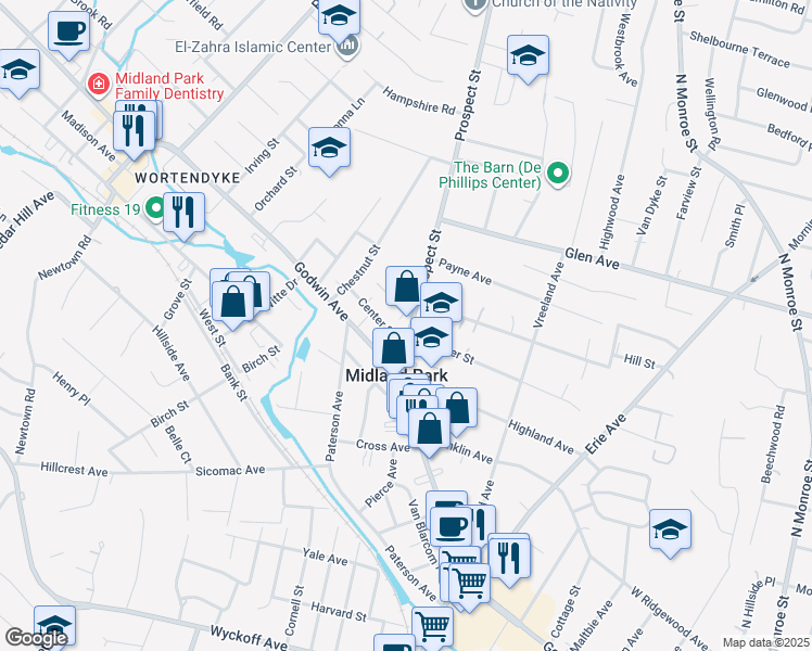 map of restaurants, bars, coffee shops, grocery stores, and more near 41 Prospect Street in Midland Park
