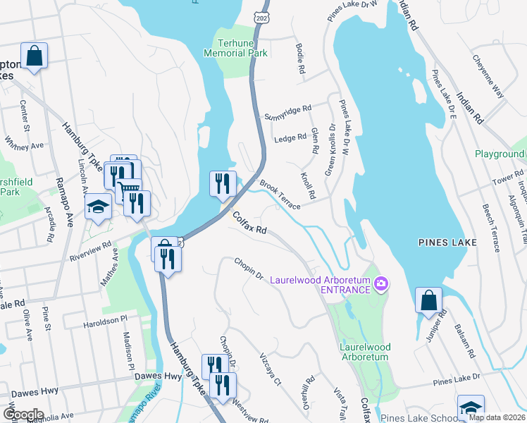 map of restaurants, bars, coffee shops, grocery stores, and more near Arbor Road in Wayne
