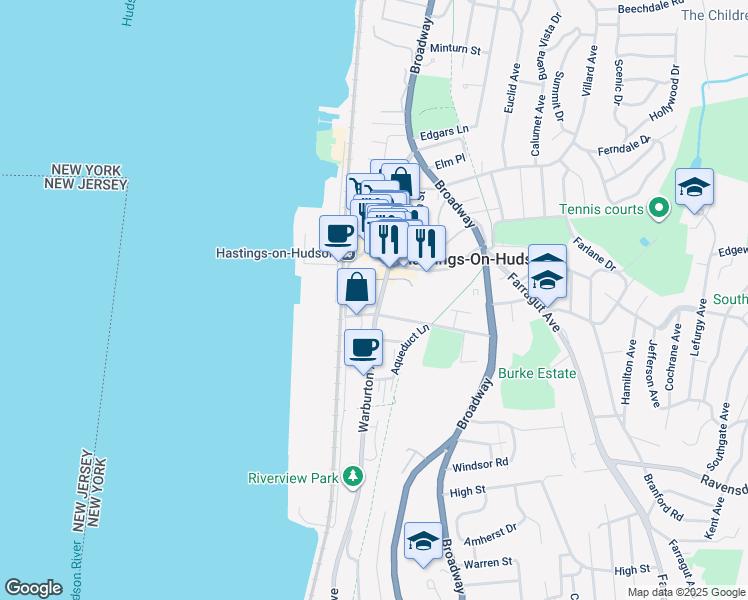 map of restaurants, bars, coffee shops, grocery stores, and more near 35 Washington Avenue in Hastings-on-Hudson