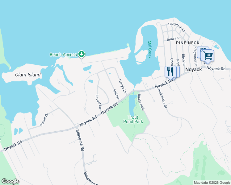map of restaurants, bars, coffee shops, grocery stores, and more near 23 Mill Road in Sag Harbor