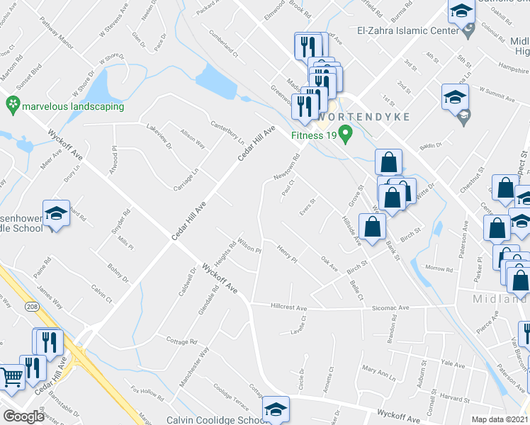 map of restaurants, bars, coffee shops, grocery stores, and more near 330 Newtown Road in Wyckoff