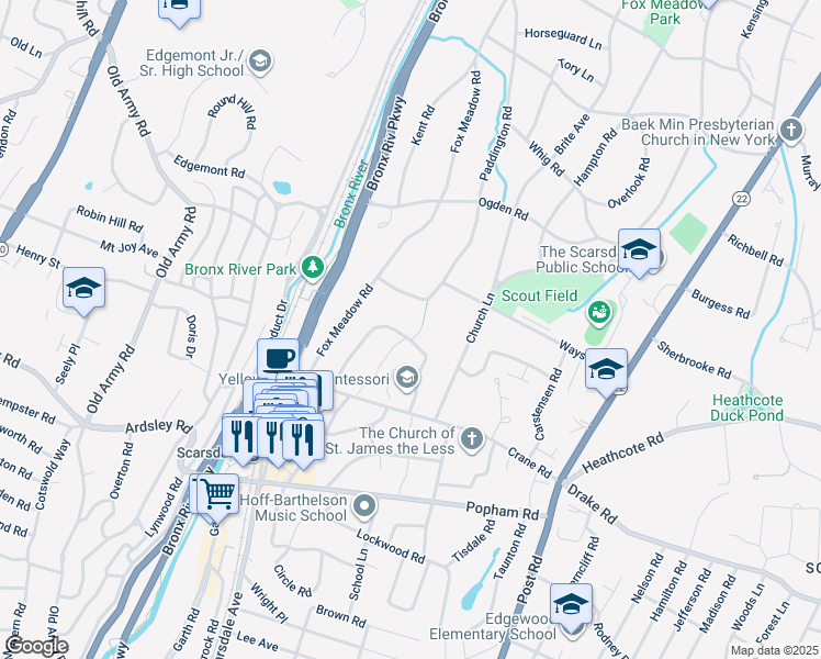map of restaurants, bars, coffee shops, grocery stores, and more near 23 Stonehouse Road in Scarsdale