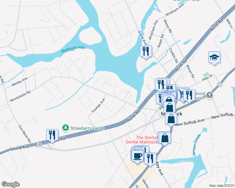 map of restaurants, bars, coffee shops, grocery stores, and more near 2000 Westphalia Road in Mattituck