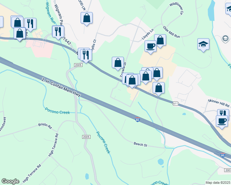 map of restaurants, bars, coffee shops, grocery stores, and more near 221 Applegate Road in Stroudsburg