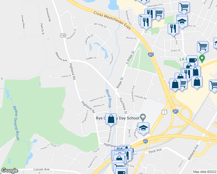 map of restaurants, bars, coffee shops, grocery stores, and more near 343 New York 120 in Rye