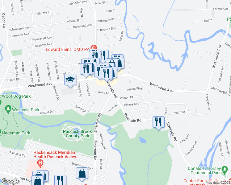 map of restaurants, bars, coffee shops, grocery stores, and more near 168 Rivervale Road in Westwood