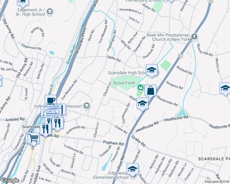 map of restaurants, bars, coffee shops, grocery stores, and more near 33 Wayside Lane in Scarsdale