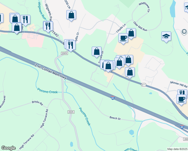 map of restaurants, bars, coffee shops, grocery stores, and more near 221 Applegate Road in Stroudsburg