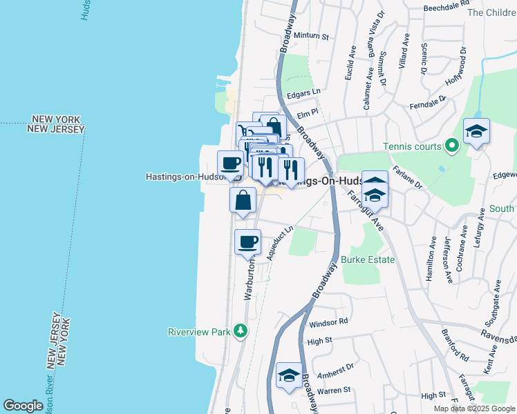 map of restaurants, bars, coffee shops, grocery stores, and more near 35 Washington Avenue in Hastings-on-Hudson