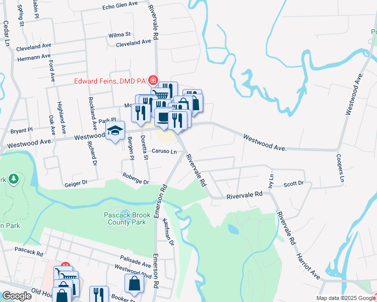 map of restaurants, bars, coffee shops, grocery stores, and more near 601 Alacci Way in River Vale