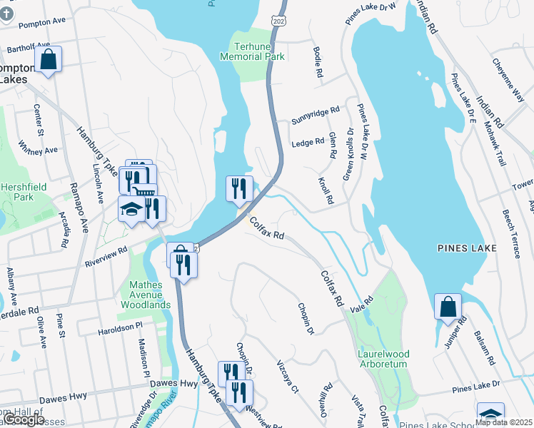 map of restaurants, bars, coffee shops, grocery stores, and more near 130 U.S. 202 in Wayne