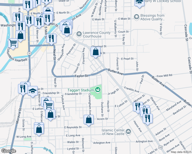 map of restaurants, bars, coffee shops, grocery stores, and more near 620 Taylor Street in New Castle