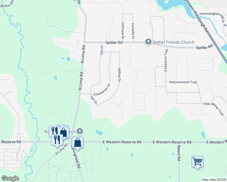 map of restaurants, bars, coffee shops, grocery stores, and more near 8565 Chesterton Drive in Youngstown