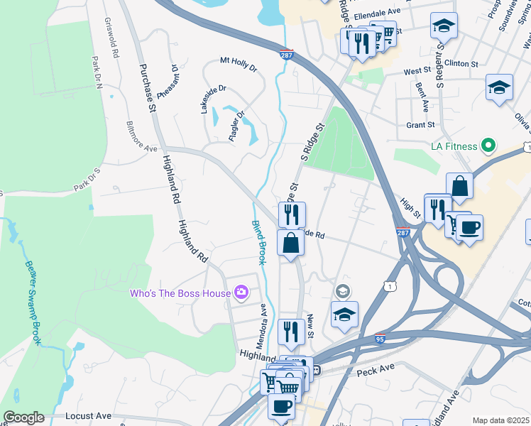 map of restaurants, bars, coffee shops, grocery stores, and more near 343 New York 120 in Rye