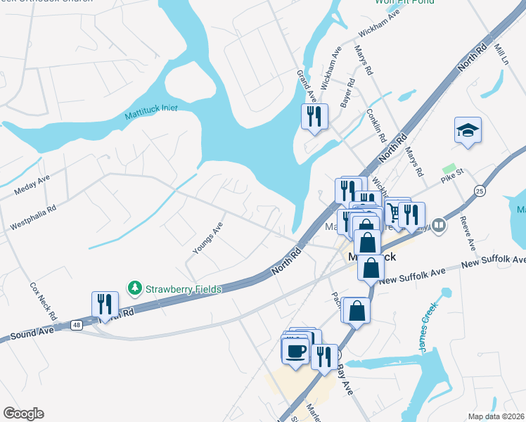 map of restaurants, bars, coffee shops, grocery stores, and more near 2000 Westphalia Road in Mattituck