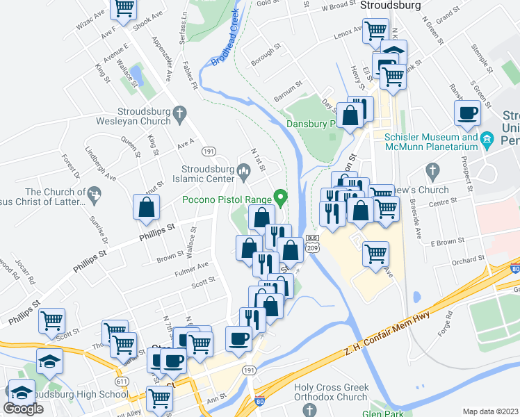 map of restaurants, bars, coffee shops, grocery stores, and more near 84 North 2nd Street in Stroudsburg