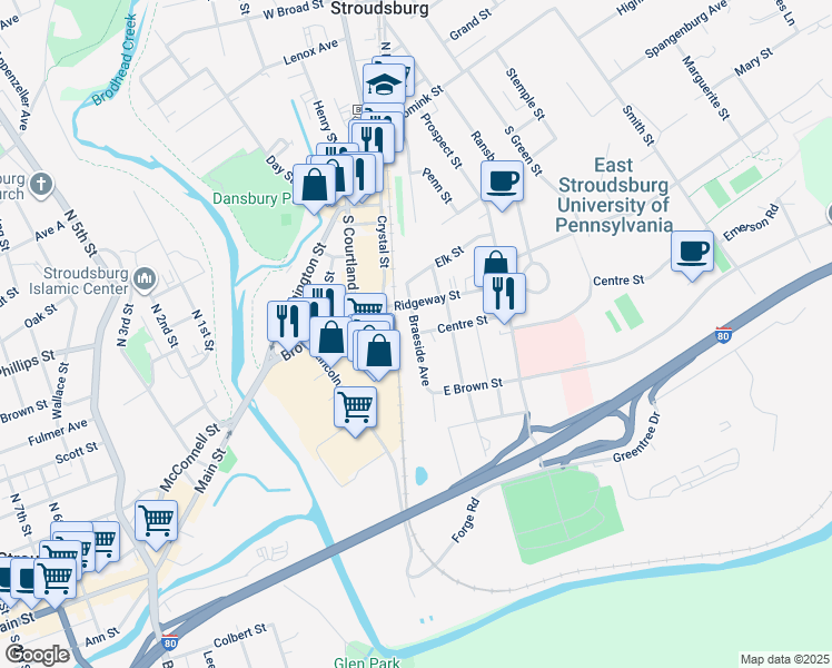 map of restaurants, bars, coffee shops, grocery stores, and more near 2 Center Street in East Stroudsburg