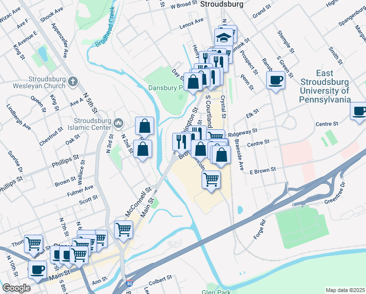 map of restaurants, bars, coffee shops, grocery stores, and more near 271 Washington Street in East Stroudsburg