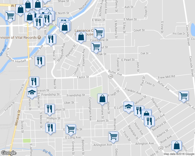 map of restaurants, bars, coffee shops, grocery stores, and more near 620 Taylor Street in New Castle