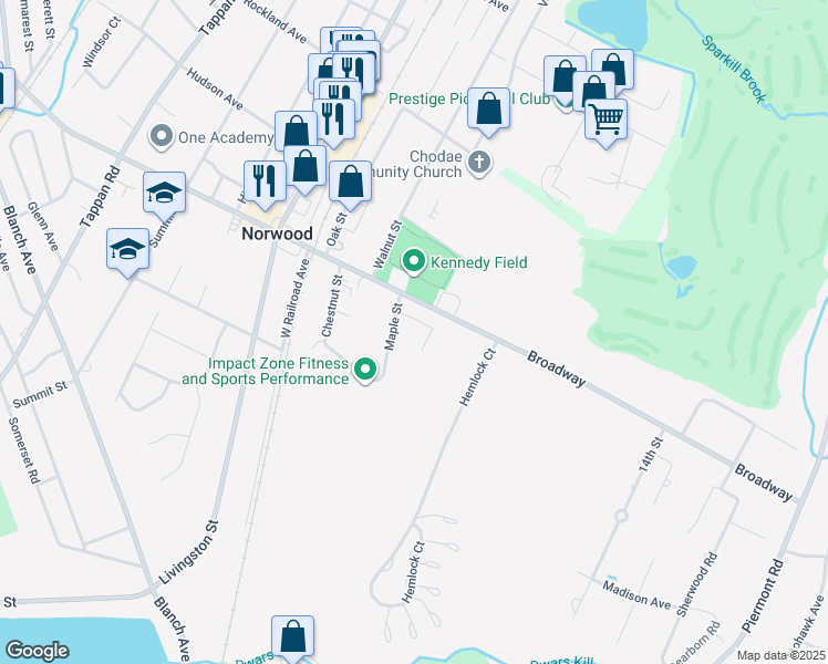 map of restaurants, bars, coffee shops, grocery stores, and more near 50 Maple Street in Norwood