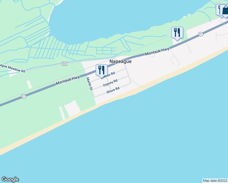 map of restaurants, bars, coffee shops, grocery stores, and more near 52 Shore Road in Amagansett