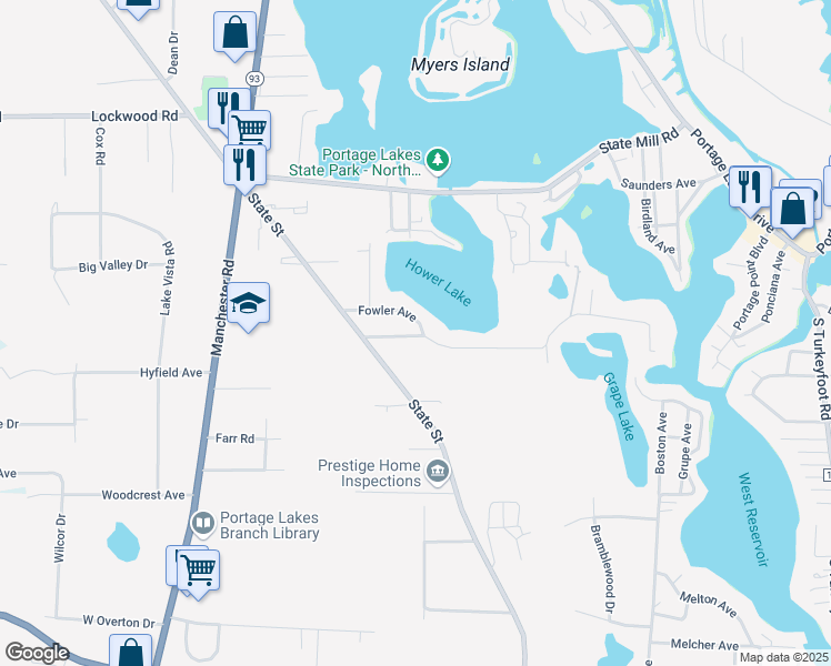 map of restaurants, bars, coffee shops, grocery stores, and more near 782 Fowler Avenue in Akron