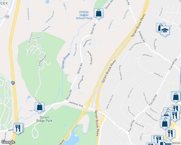map of restaurants, bars, coffee shops, grocery stores, and more near 16 Boulder Ridge Road in Scarsdale