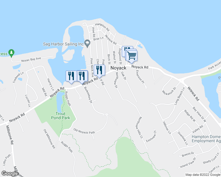 map of restaurants, bars, coffee shops, grocery stores, and more near 3380 Noyac Road in Sag Harbor