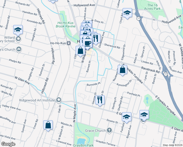 map of restaurants, bars, coffee shops, grocery stores, and more near 261 Mulberry Place in Ridgewood