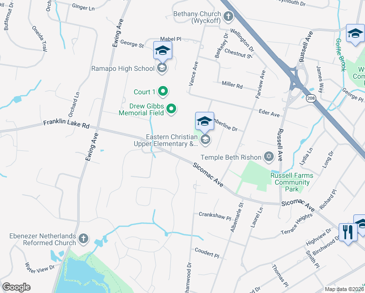 map of restaurants, bars, coffee shops, grocery stores, and more near 565 Franklin Lake Road in Franklin Lakes