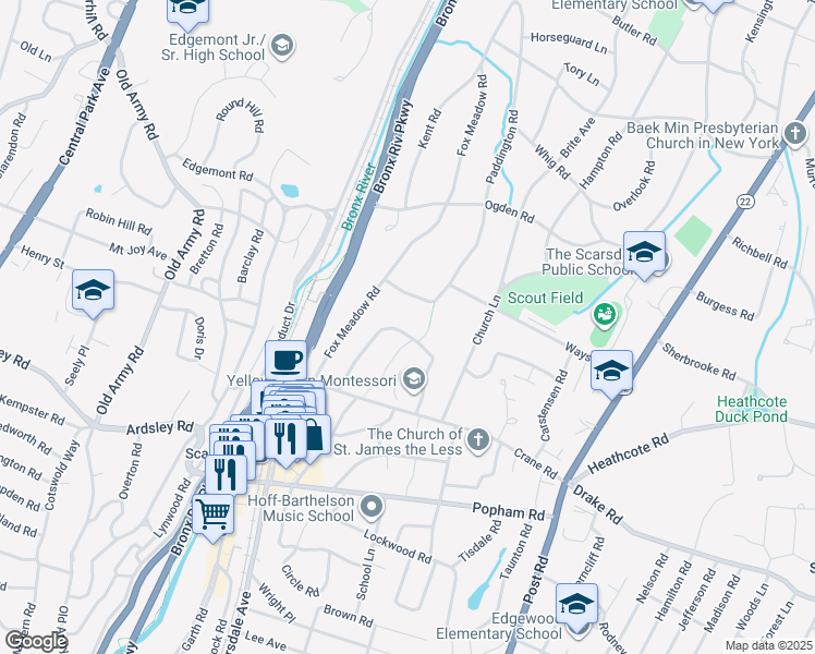 map of restaurants, bars, coffee shops, grocery stores, and more near 21 Stonehouse Road in Scarsdale