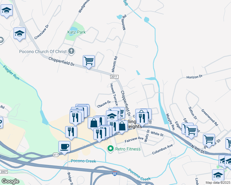 map of restaurants, bars, coffee shops, grocery stores, and more near 7136 Howell Terrace in Stroudsburg