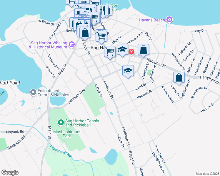 map of restaurants, bars, coffee shops, grocery stores, and more near 245 Madison Street in Sag Harbor