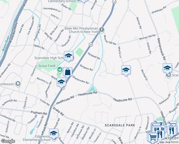map of restaurants, bars, coffee shops, grocery stores, and more near 12 Burgess Road in Scarsdale