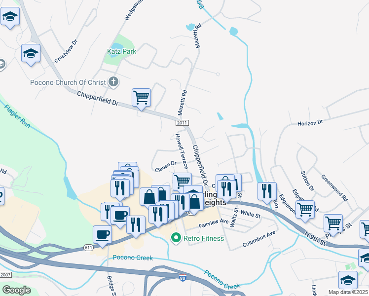 map of restaurants, bars, coffee shops, grocery stores, and more near 7136 Howell Terrace in Stroudsburg
