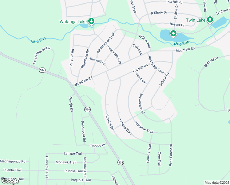 map of restaurants, bars, coffee shops, grocery stores, and more near 725-727 Lenape Trail in Albrightsville