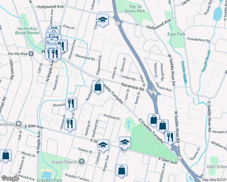 map of restaurants, bars, coffee shops, grocery stores, and more near 345 Franklin Turnpike in Ridgewood