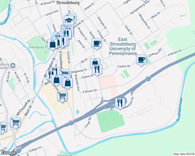 map of restaurants, bars, coffee shops, grocery stores, and more near 265 Prospect Street in East Stroudsburg