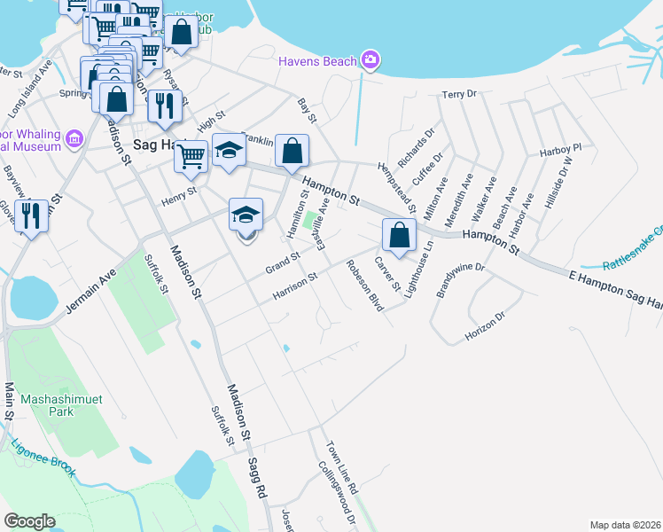 map of restaurants, bars, coffee shops, grocery stores, and more near 118 Harrison Street in Sag Harbor