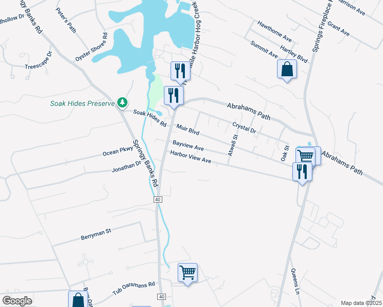 map of restaurants, bars, coffee shops, grocery stores, and more near 17 Harbor View Avenue in East Hampton