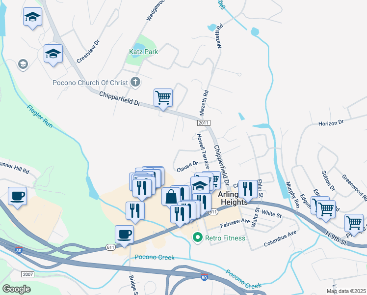 map of restaurants, bars, coffee shops, grocery stores, and more near 10 Hillcrest Dr in Stroudsburg