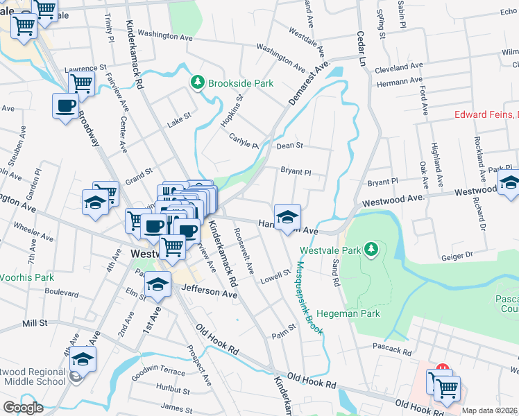map of restaurants, bars, coffee shops, grocery stores, and more near 35 Bogert Place in Westwood