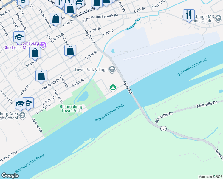 map of restaurants, bars, coffee shops, grocery stores, and more near 21 Park Pl in Bloomsburg