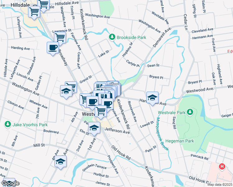 map of restaurants, bars, coffee shops, grocery stores, and more near 345 Kinderkamack Road in Westwood
