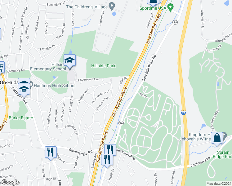 map of restaurants, bars, coffee shops, grocery stores, and more near 75 Cliff Street in Hastings-on-Hudson