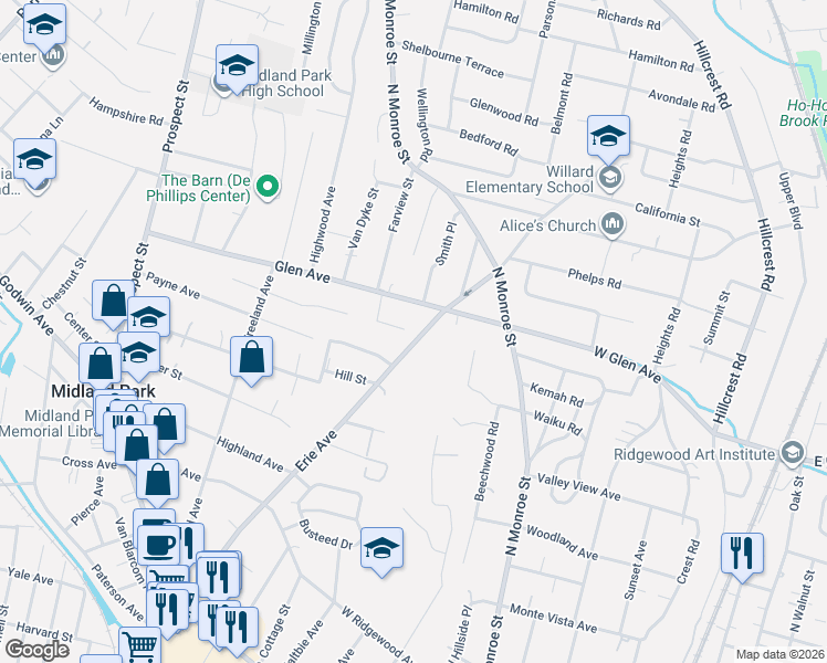 map of restaurants, bars, coffee shops, grocery stores, and more near 309 Erie Avenue in Midland Park