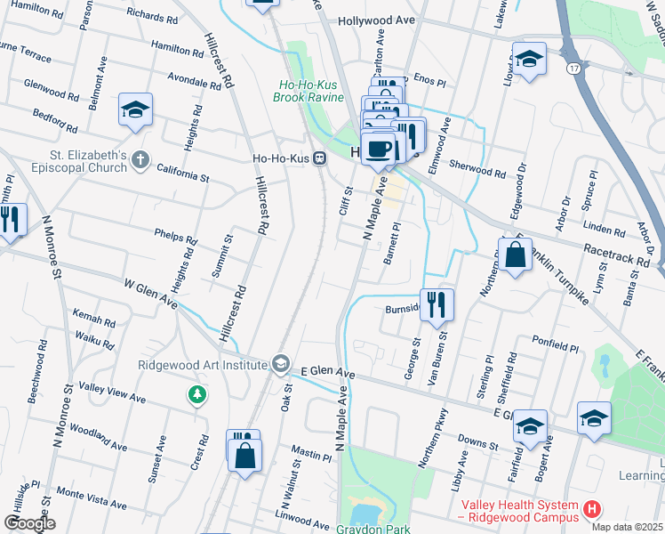 map of restaurants, bars, coffee shops, grocery stores, and more near 522 North Maple Avenue in Ridgewood