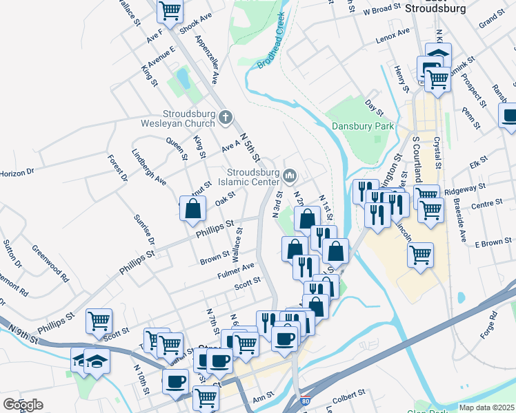 map of restaurants, bars, coffee shops, grocery stores, and more near 509 North 5th Street in Stroudsburg