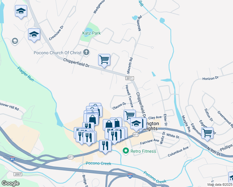 map of restaurants, bars, coffee shops, grocery stores, and more near 10 Hillcrest Drive in Stroudsburg